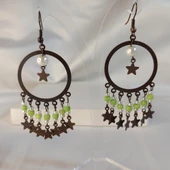 Fıstık Yeşili Yıldız Sallantılı Kum Boncuklu Kahverengi Halka Küpe - 4