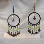 Fıstık Yeşili Yıldız Sallantılı Kum Boncuklu Kahverengi Halka Küpe - 1