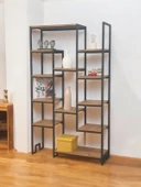 DEKORATİF ÇAM RENGİ AHŞAP RAFLI METAL KİTAPLIK ÇOK AMAÇLI STAND SALON VE ÇALIŞMA ODASI 12 RAFLI ÜNİTE MATKAPSIZ KOLAY KURULUM - 7
