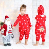 MODAVALS KIZ ÇOCUK & ERKEK ÇOCUK 3 İP ŞARDONLU GEYİK NAKIŞLI YILBAŞI TEMALI BEBEK TULUM-KIRMIZI - 1