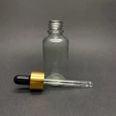 30ml Şeffaf, Cam Şişe, 12 adet, Cam Damlalıklı, Ecza şişesi, Propolis şişesi, Gold Kapak Siyah Emzik - 1