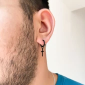 BZ 316L Çelik Unisex Siyah Tek Haç Küpe UNK-481 - 2