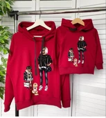 MODAVALS KAPİŞONLU ANNE KIZ KÖPEK BASKILI ANNE KIZ SWEATSHIRT KOMBİN-KIRMIZI - 1
