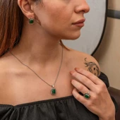 Lucky Life Gümüş Yeşil Taşlı Otantik Kadın Set - 2