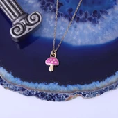 925 Ayar Minimal Pembe Renkli Mineli Mantar Gümüş Kolye - CNE00130 thumbnail 5