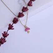 925 Ayar Minimal Pembe Renkli Mineli Mantar Gümüş Kolye - CNE00130 thumbnail 4