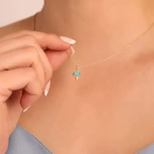 925 Ayar Altın Kaplama Minimal Turkuaz Renk Mantar Tasarım Gümüş Kolye - CNE00129 thumbnail 2
