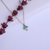 925 Ayar Altın Kaplama Minimal Turkuaz Renk Mantar Tasarım Gümüş Kolye - CNE00129 thumbnail 4