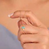 925 Ayar Altın Kaplama Minimal Turkuaz Renk Mantar Tasarım Gümüş Kolye - CNE00129 thumbnail 1