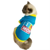 Love Mom Blue, Oval Yaka Tişört Kedi Kıyafeti Elbisesi Anneler Günü - 1