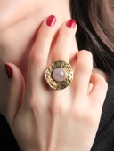 Doğal Taş Pembe Kuvars Yuvarlak Doğal Taşlı Antik Ayarlanabilir Kadın Yüzük euy29pk thumbnail 1