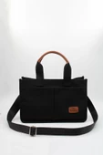 ToteBag Kadın Siyah Kanvas Kumaş Ön Cepli Tote Bag El Ve Omuz Çantası thumbnail 3