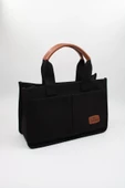 ToteBag Kadın Siyah Kanvas Kumaş Ön Cepli Tote Bag El Ve Omuz Çantası thumbnail 1