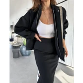 RYSE Mevsim Kaşe Fermuarlı Ceket Etek Takım Kaşmir Ceket Etekli İkili Takım Kaşe Bomber Ceket-Etek Takım - 3