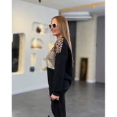 Lucky Life Kadın üç Iplik şardonlu Kumaş Leopar Desenli Bluz - 3