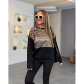 Lucky Life Kadın üç Iplik şardonlu Kumaş Leopar Desenli Bluz - 1