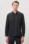 Siyah Uzun Kol Düz Bez Ayağı Yarım İtalyan Yaka Cepsiz Pamuklu Classic Slim Fit Gömlek 1004245268 thumbnail 1
