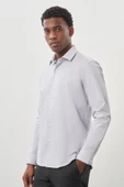 Gri Uzun Kol Armürlü Sert Yaka Cepsiz Pamuklu Classic Slim Fit Gömlek 1004245226 thumbnail 3