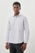 Gri Uzun Kol Armürlü Sert Yaka Cepsiz Pamuklu Classic Slim Fit Gömlek 1004245226 thumbnail 1