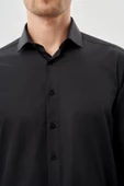 Siyah Uzun Kol Düz Bez Ayağı Yarım İtalyan Yaka Cepsiz Pamuklu Classic Slim Fit Gömlek 1004245268 thumbnail 4