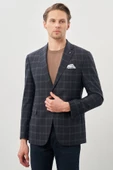 Koyu Lacivert Ekose Desen Mono Yaka Esnek 6 Drop Slim Fit Classic Ceket 1002245160 - 1