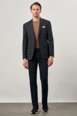 Koyu Lacivert Ekose Desen Mono Yaka Esnek 6 Drop Slim Fit Classic Ceket 1002245160 - 2