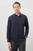 Koyu Lacivert Uzun Kol Düz Yarım İtalyan Yaka Cepsiz Pamuklu Classic Slim Fit Gömlek 1004245268 thumbnail 1