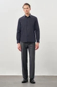 Koyu Lacivert Uzun Kol Düz Yarım İtalyan Yaka Cepsiz Pamuklu Classic Slim Fit Gömlek 1004245268 thumbnail 3