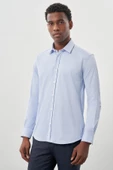 Mavi Uzun Kollu Sert Yaka Cepsiz Pamuklu Likralı Klasik Slim Fit Dar Kesim Gömlek 1004245234 thumbnail 1