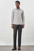 Gri Uzun Kollu Sert Yaka Cepsiz Pamuklu Likralı Klasik Slim Fit Dar Kesim Gömlek 1004245234 - 2
