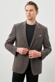 Koyu Bej Desenli Örme Mono Yaka Tam Astar Esnek 6 Drop Comfort Fit Casual Ceket 1002245163 - 3