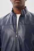 Koyu Lacivert Suni Deri Hakim Yaka Düz Yırtmaçsız Tam Astar Slim Fit Casual Deri Mont 1038245151 - 4