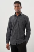 Siyah Uzun Kol Baskılı Bez Ayağı Sert Yaka Cepli Pamuklu Classic Comfort Fit Gömlek 1004245214 thumbnail 1