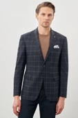 Koyu Lacivert Ekose Desen Mono Yaka Esnek 6 Drop Slim Fit Classic Ceket 1002245160 - 3