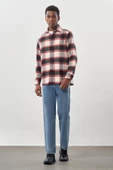 Lacivert Yünlü Ekose Desen Yumuşak Yaka Cepsiz Uzun Kol Casual Comfort Fit Gömlek 1004245227 - 2