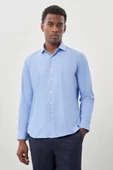 Mavi Uzun Kol Düz Bez Ayağı Yarım İtalyan Yaka Cepsiz Pamuklu Classic Slim Fit Gömlek 1004245268 thumbnail 1