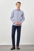 Koyu Lacivert Uzun Kol Armürlü Sert Yaka Cepsiz Pamuklu Classic Slim Fit Gömlek 1004245226 thumbnail 2