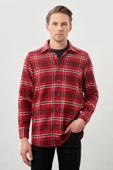 Açık Kırmızı Yünlü Ekose Desen Yumuşak Yaka Cepsiz Uzun Kol Casual Comfort Fit Gömlek 1004245227 - 1