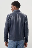Koyu Lacivert Suni Deri Hakim Yaka Düz Yırtmaçsız Tam Astar Slim Fit Casual Deri Mont 1038245151 - 5