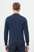 İndigo Mavi Uzun Kol Kendinden Desenli Örme Polo Yaka Classic Comfort Fit Triko 1012245156 - 5