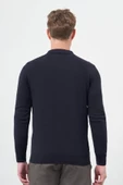 Koyu Lacivert Uzun Kol Kendinden Desenli Örme Polo Yaka Classic Comfort Fit Triko 1012245160 - 5