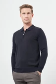 Koyu Lacivert Uzun Kol Kendinden Desenli Örme Polo Yaka Classic Comfort Fit Triko 1012245160 - 1