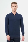 İndigo Mavi Uzun Kol Kendinden Desenli Örme Polo Yaka Classic Comfort Fit Triko 1012245156 - 3