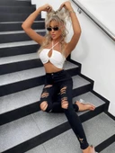 Kadın Yüksek Bel Slim Fit Lazer Kesim Yırtık Pantolon - 2