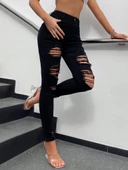 Kadın Yüksek Bel Slim Fit Lazer Kesim Yırtık Pantolon - 1