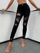 Kadın Yüksek Bel Slim Fit Lazer Kesim Yırtık Pantolon - 4