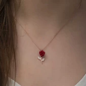 ​925 Ayar Gümüş Kırmızı Gül Kadın Gümüş Kolye - 2