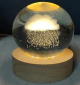 Dekoratif Bulut ve Yağmur Tasarımlı Ahşap altlıklı Işıklı Cam Küre Büyük BoyCam:8cm Ahşap:2cm - 1