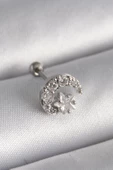 316L Çelik Gümüş Renk Zirkon Taşlı Ay Yıldız Tragus Piercing - TJ-PR1257 - 1