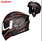 KC 902 Full Face Çene Açılır Güneş Vizörlü Motosiklet Kaskı L Beden Siyah Kırmızı Karbon - 6